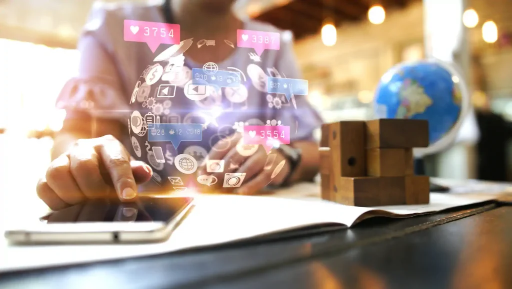 abstract image of a world depicting forms of marketing and outreach with boxes stacked to represent supply chain business