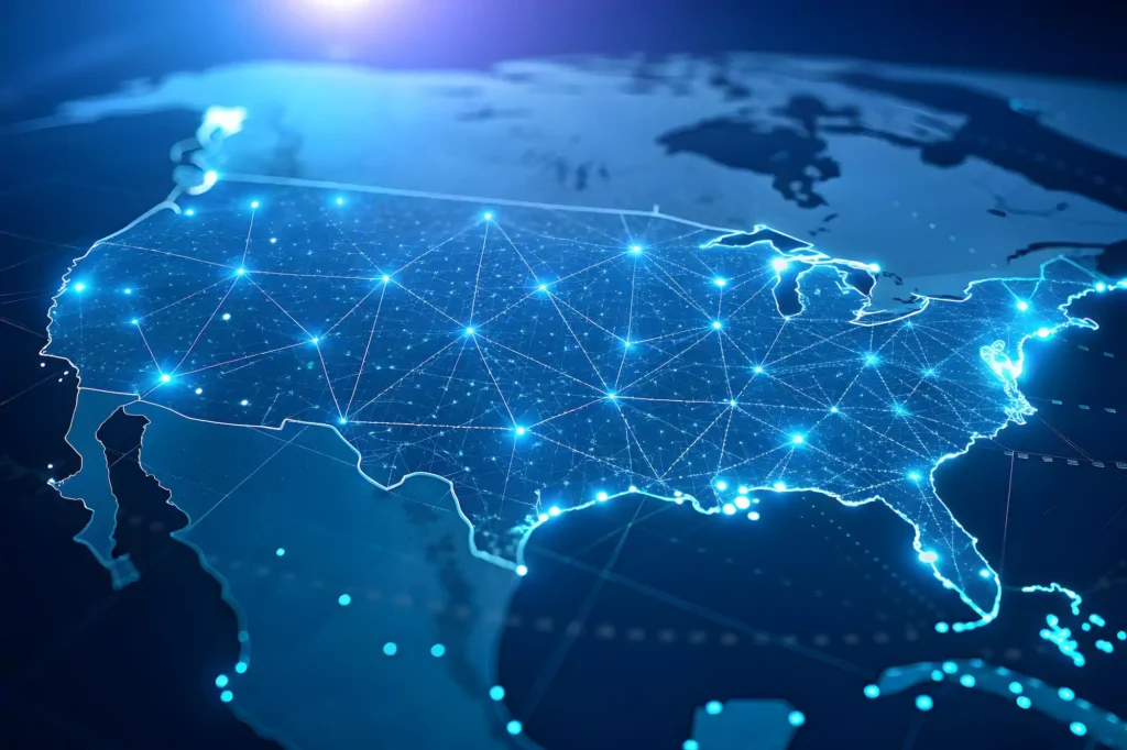 blue map with interconnected network of dots representing connectedness