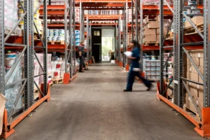 man walking through the inside of a logistics warehouse