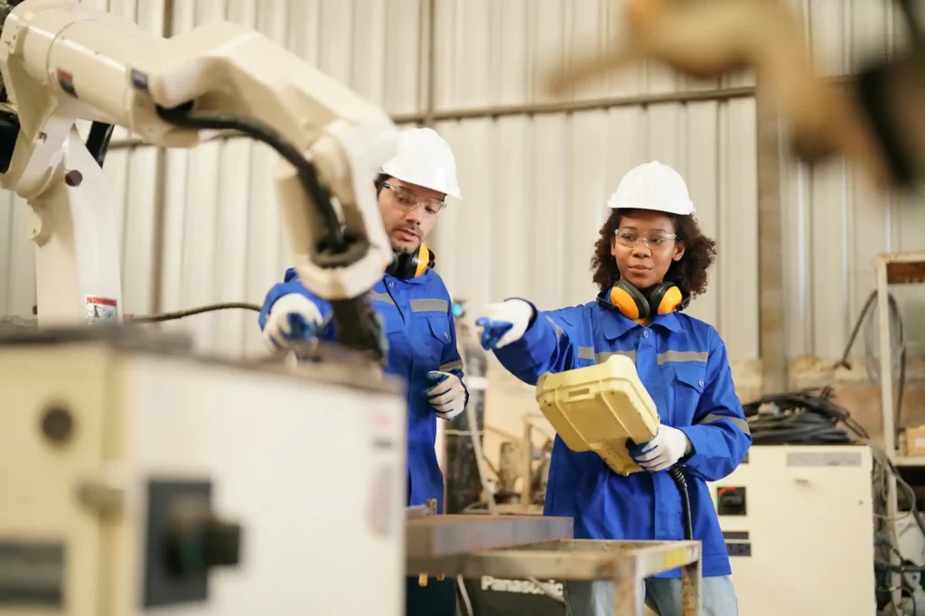 two warehouse workers wearing hard hats
