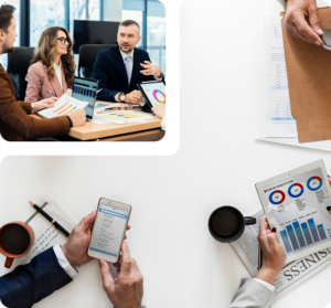 four photos representing communicating and planning a woman and a man talking, two people browing on phones and charts