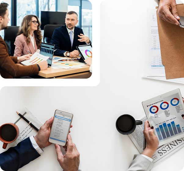 four photos representing communicating and planning a woman and a man talking, two people browing on phones and charts