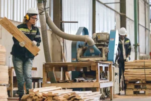 woman and man working in factory handling lumber