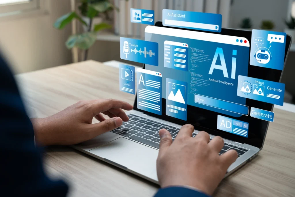 image of a computer with AI and other marketing images