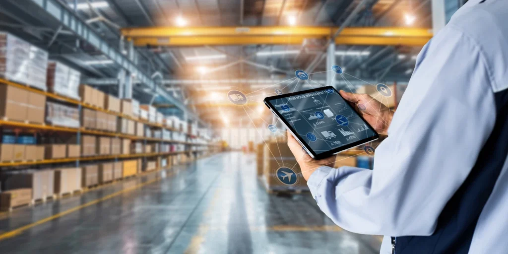 man holding tablet in a warehouse