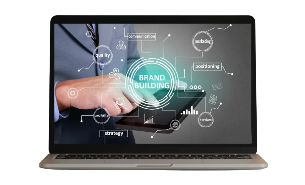 Brand Building, Business Marketing Words on laptop screen.