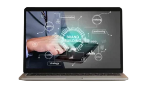 Brand Building, Business Marketing Words on laptop screen.