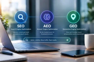 SEO, AEO, and GEO marketing concept digitally displayed over laptop.